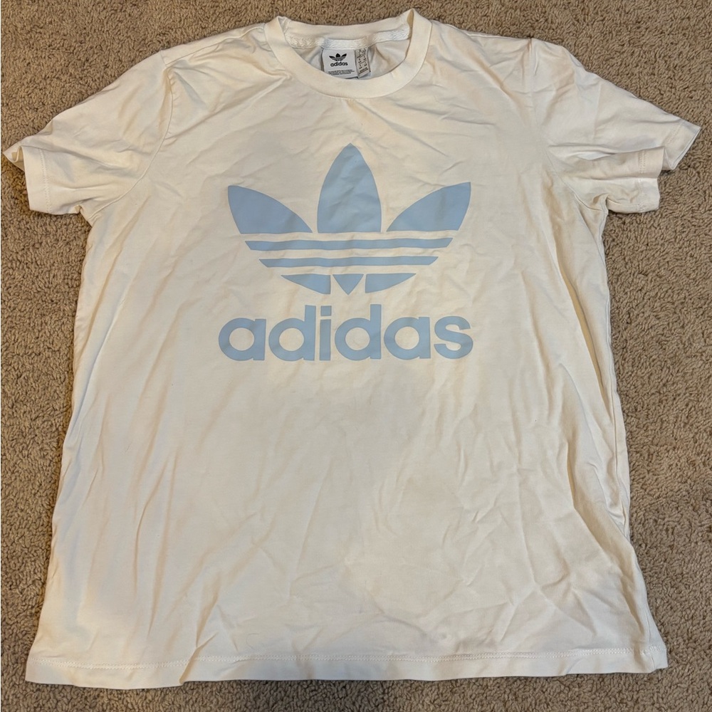 Adidas White Shirt with Light Blue Logo